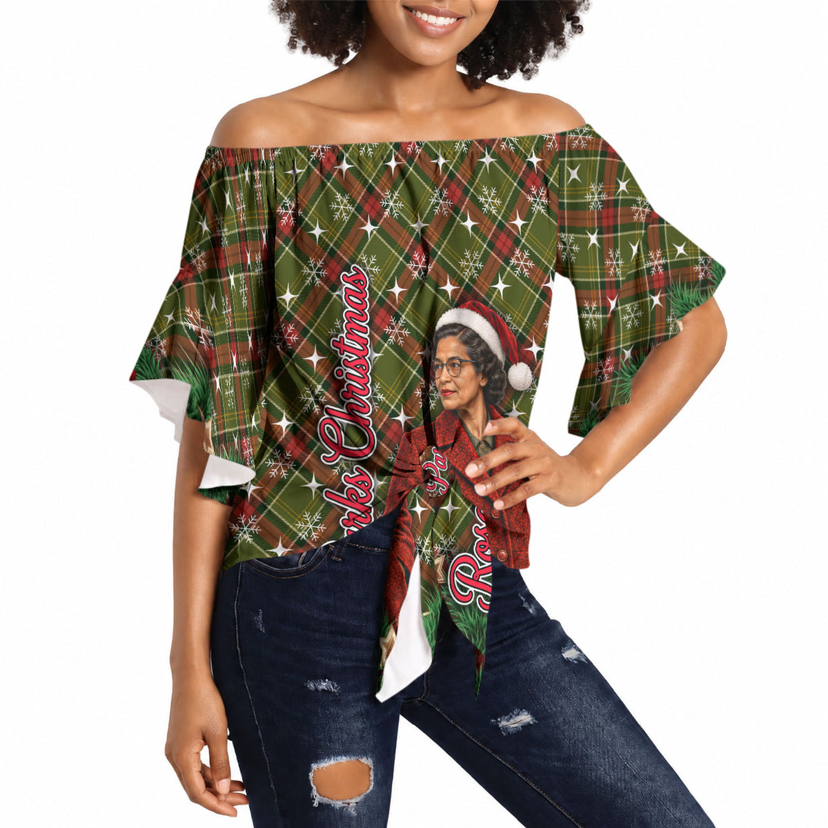 Rosa Parks Christmas Off Shoulder Wrap Waist Top Plaid Festive Stamp Vintage Civil Rights Legend