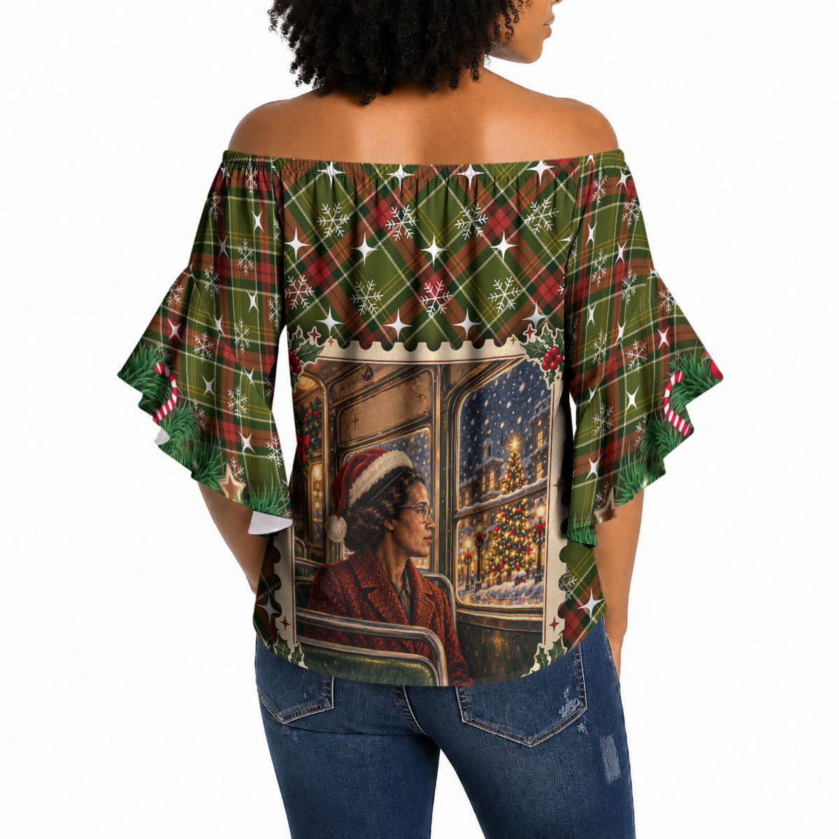 Rosa Parks Christmas Off Shoulder Wrap Waist Top Plaid Festive Stamp Vintage Civil Rights Legend