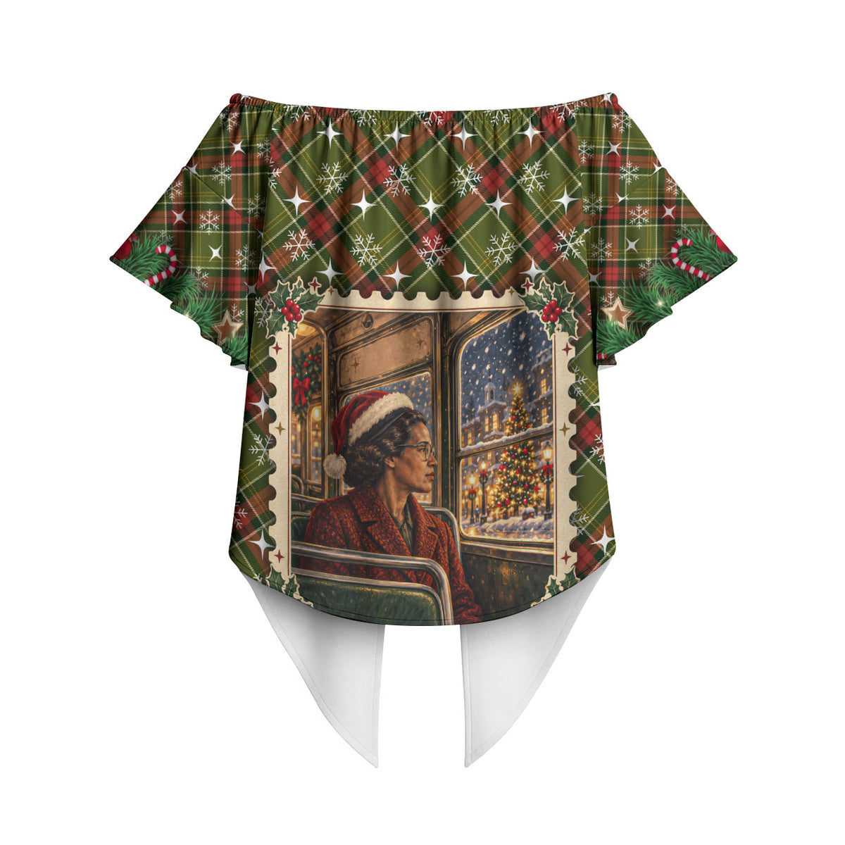 Rosa Parks Christmas Off Shoulder Wrap Waist Top Plaid Festive Stamp Vintage Civil Rights Legend
