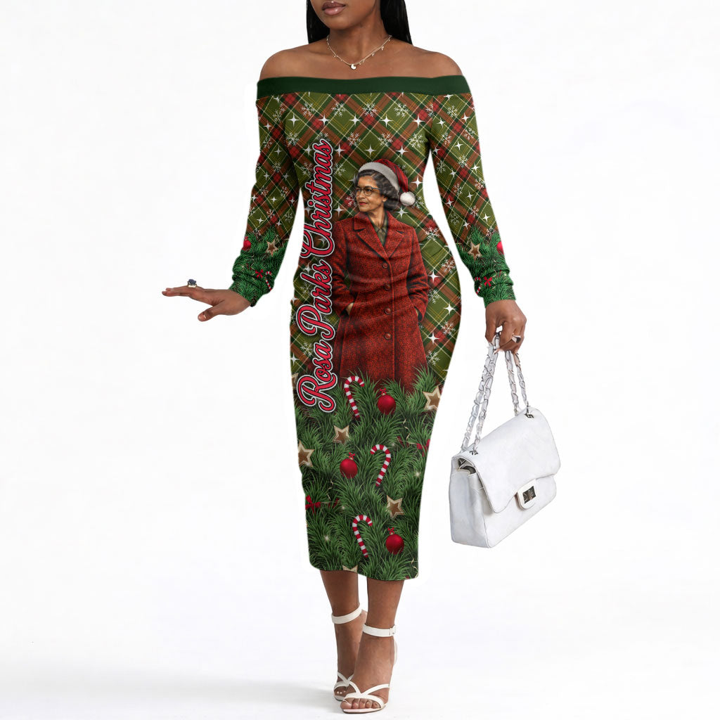 Rosa Parks Christmas Off The Shoulder Long Sleeve Dress Plaid Festive Stamp Vintage Civil Rights Legend