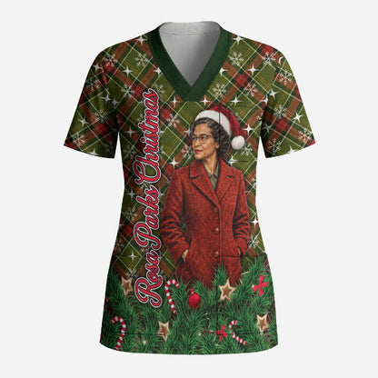 Rosa Parks Christmas Scrub Top Plaid Festive Stamp Vintage Civil Rights Legend