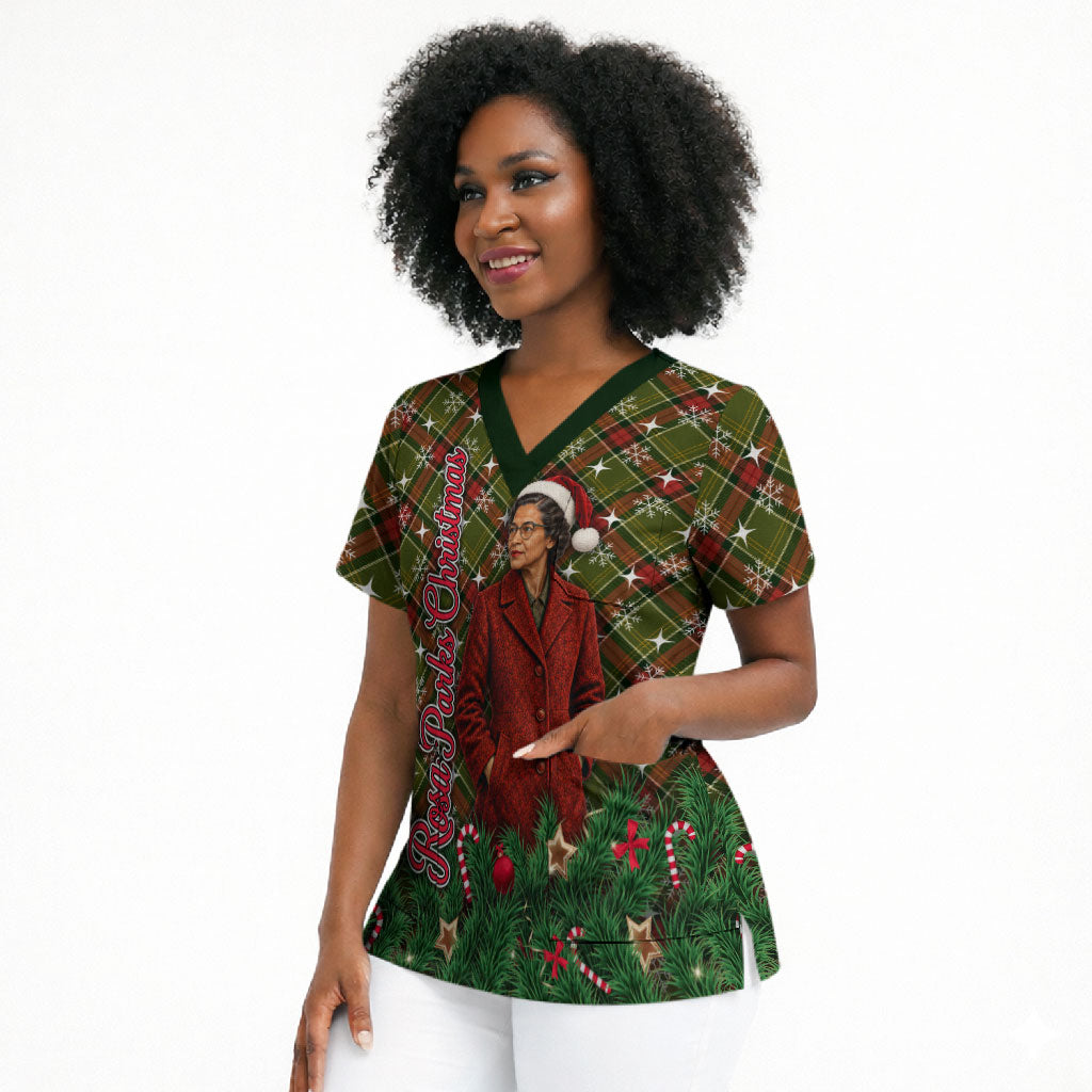 Rosa Parks Christmas Scrub Top Plaid Festive Stamp Vintage Civil Rights Legend
