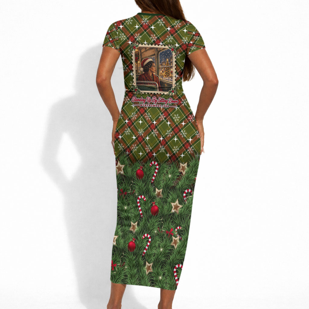 Rosa Parks Christmas Short Sleeve Bodycon Dress Plaid Festive Stamp Vintage Civil Rights Legend