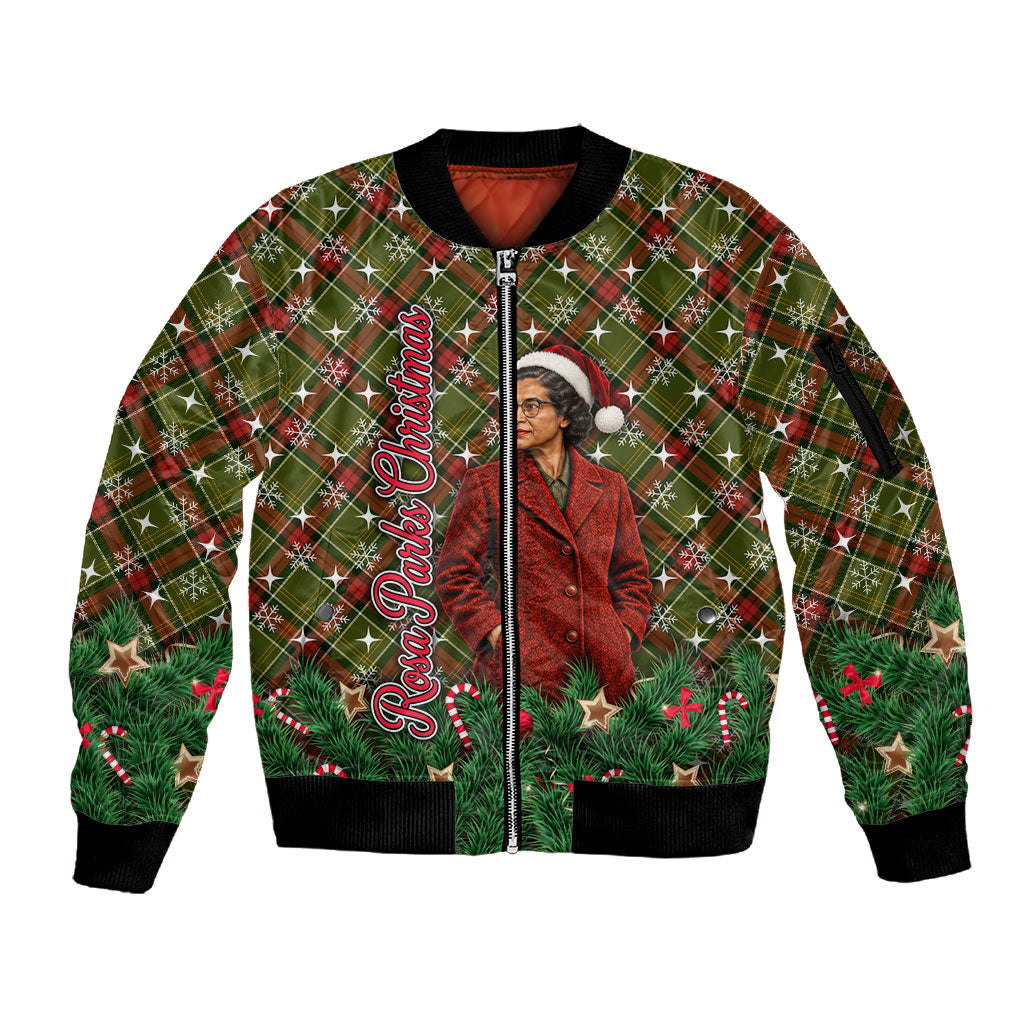 Rosa Parks Christmas Sleeve Zip Bomber Jacket Plaid Festive Stamp Vintage Civil Rights Legend
