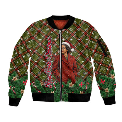 Rosa Parks Christmas Sleeve Zip Bomber Jacket Plaid Festive Stamp Vintage Civil Rights Legend
