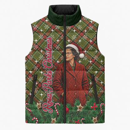 Rosa Parks Christmas Sleeveless Puffer Jacket Plaid Festive Stamp Vintage Civil Rights Legend