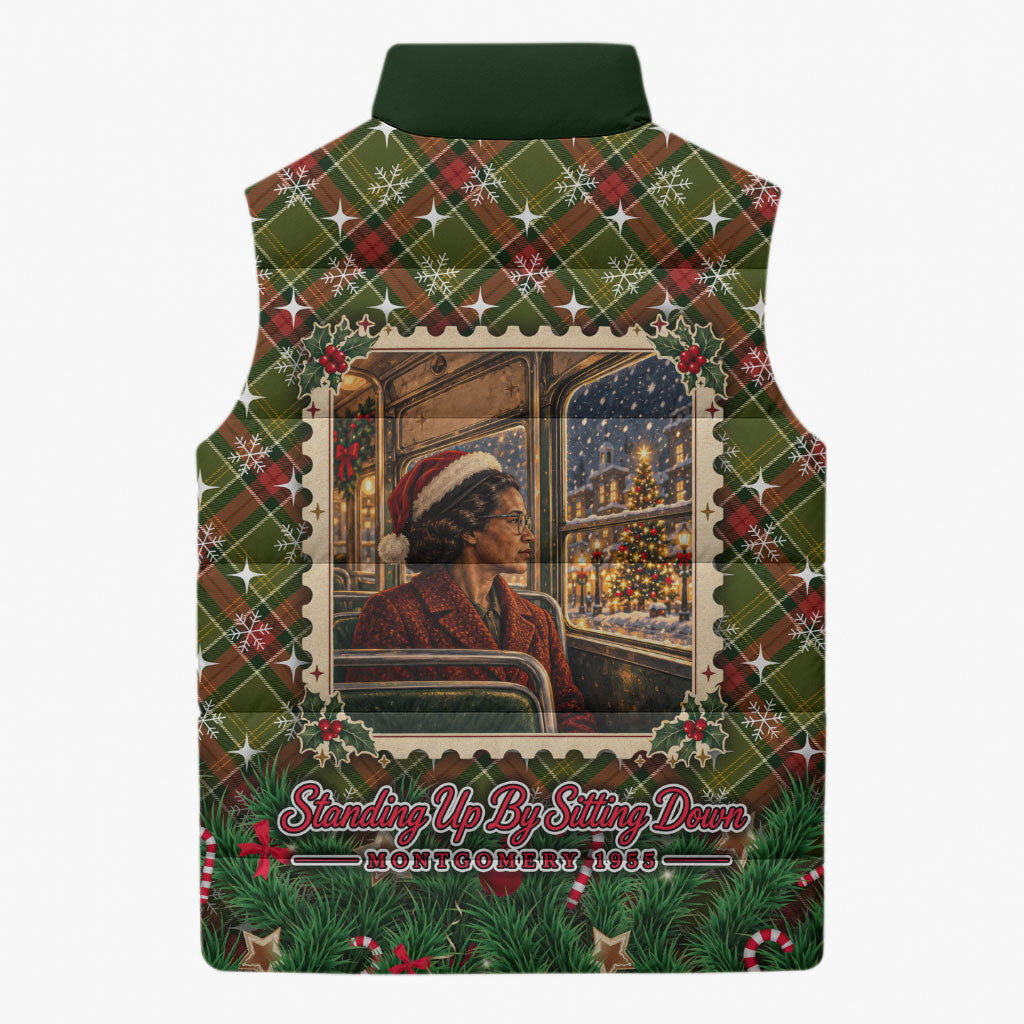 Rosa Parks Christmas Sleeveless Puffer Jacket Plaid Festive Stamp Vintage Civil Rights Legend