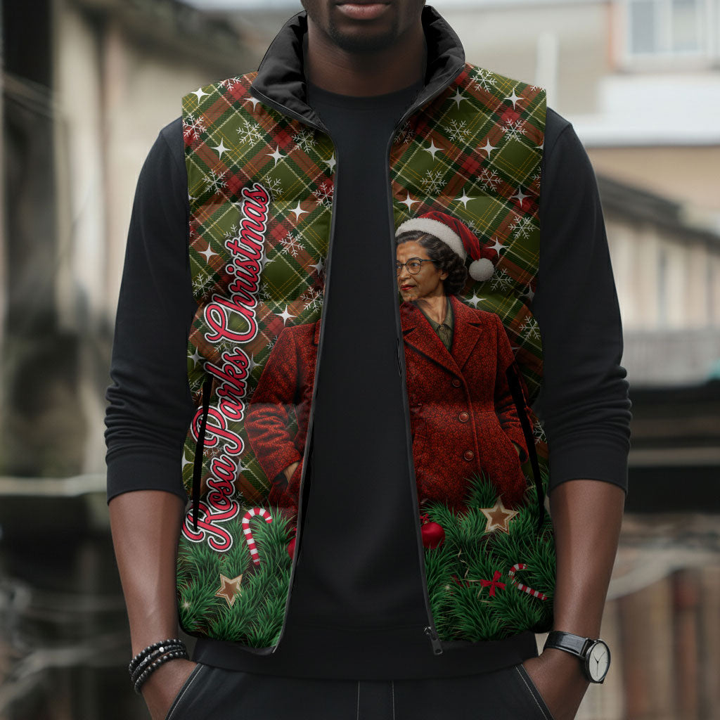 Rosa Parks Christmas Sleeveless Puffer Jacket Plaid Festive Stamp Vintage Civil Rights Legend