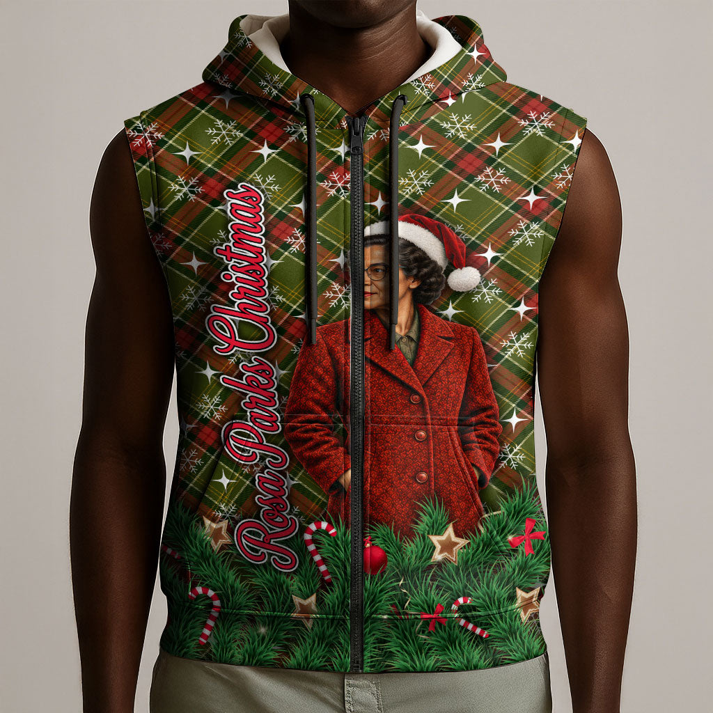 Rosa Parks Christmas Sleeveless Zip Hoodie Plaid Festive Stamp Vintage Civil Rights Legend