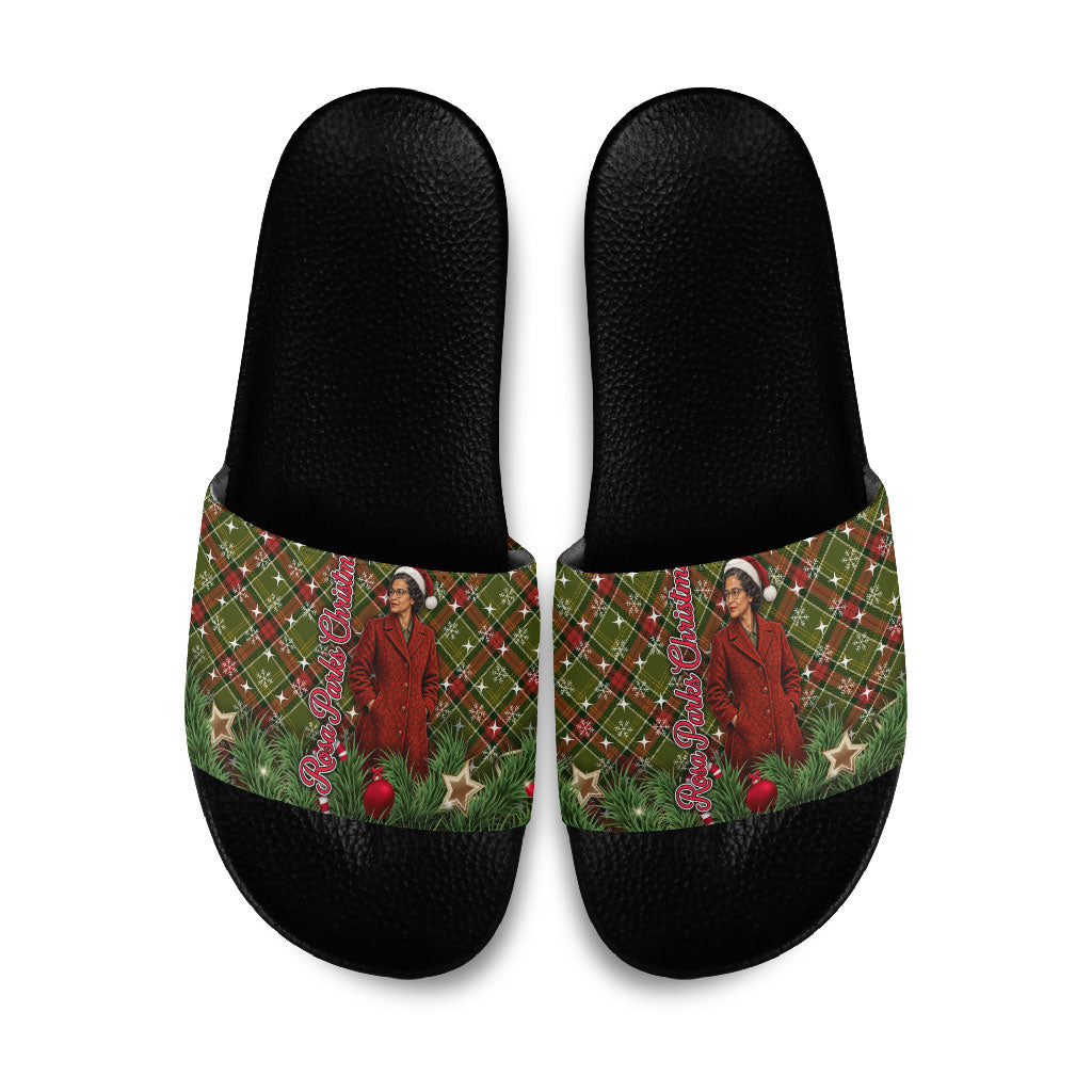 Rosa Parks Christmas Slide Sandals Plaid Festive Stamp Vintage Civil Rights Legend