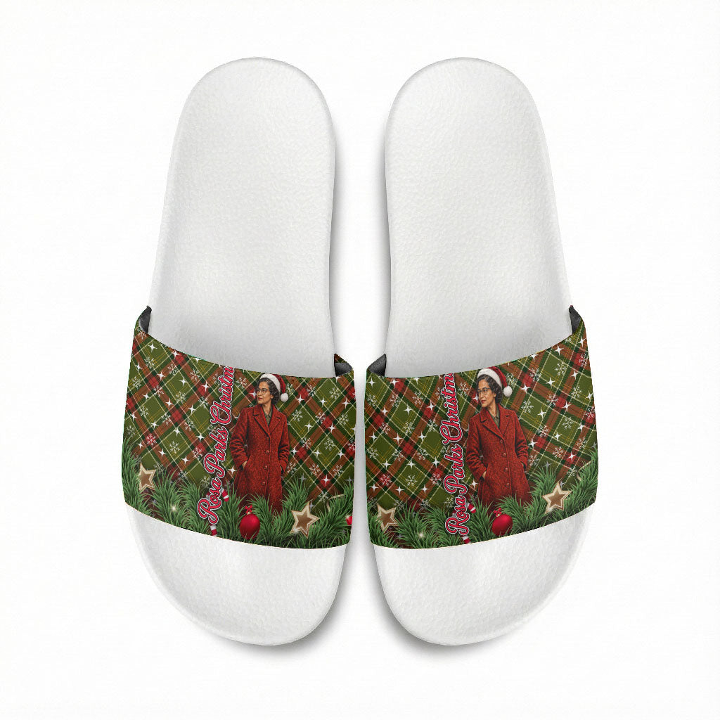Rosa Parks Christmas Slide Sandals Plaid Festive Stamp Vintage Civil Rights Legend