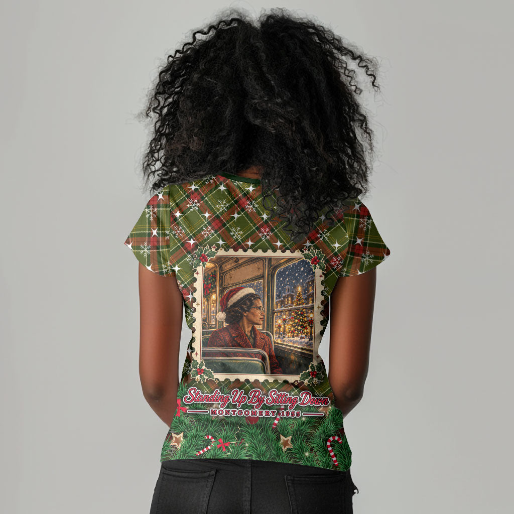 Rosa Parks Christmas Women V-Neck T-Shirt Plaid Festive Stamp Vintage Civil Rights Legend
