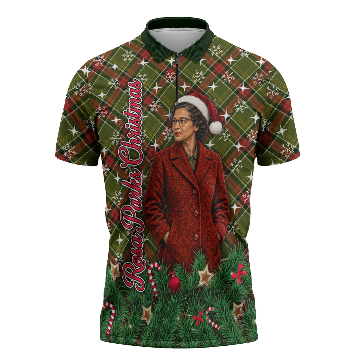 Rosa Parks Christmas Zipper Polo Shirt Plaid Festive Stamp Vintage Civil Rights Legend