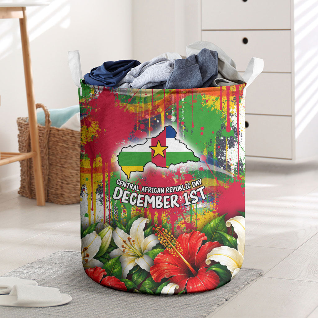 Central African Republic Day Laundry Basket Elephant Colorful Paint Splatter Map Tropical Flowers