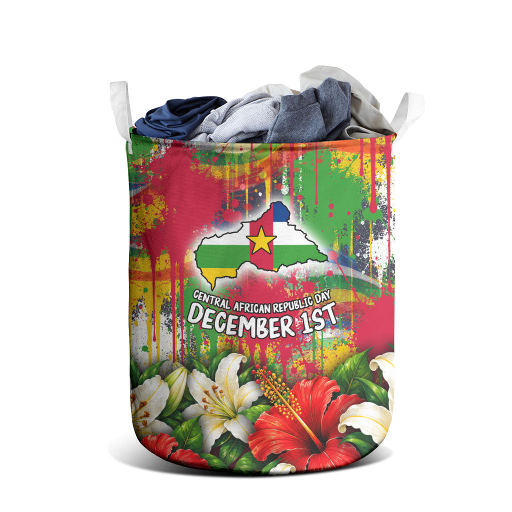 Central African Republic Day Laundry Basket Elephant Colorful Paint Splatter Map Tropical Flowers