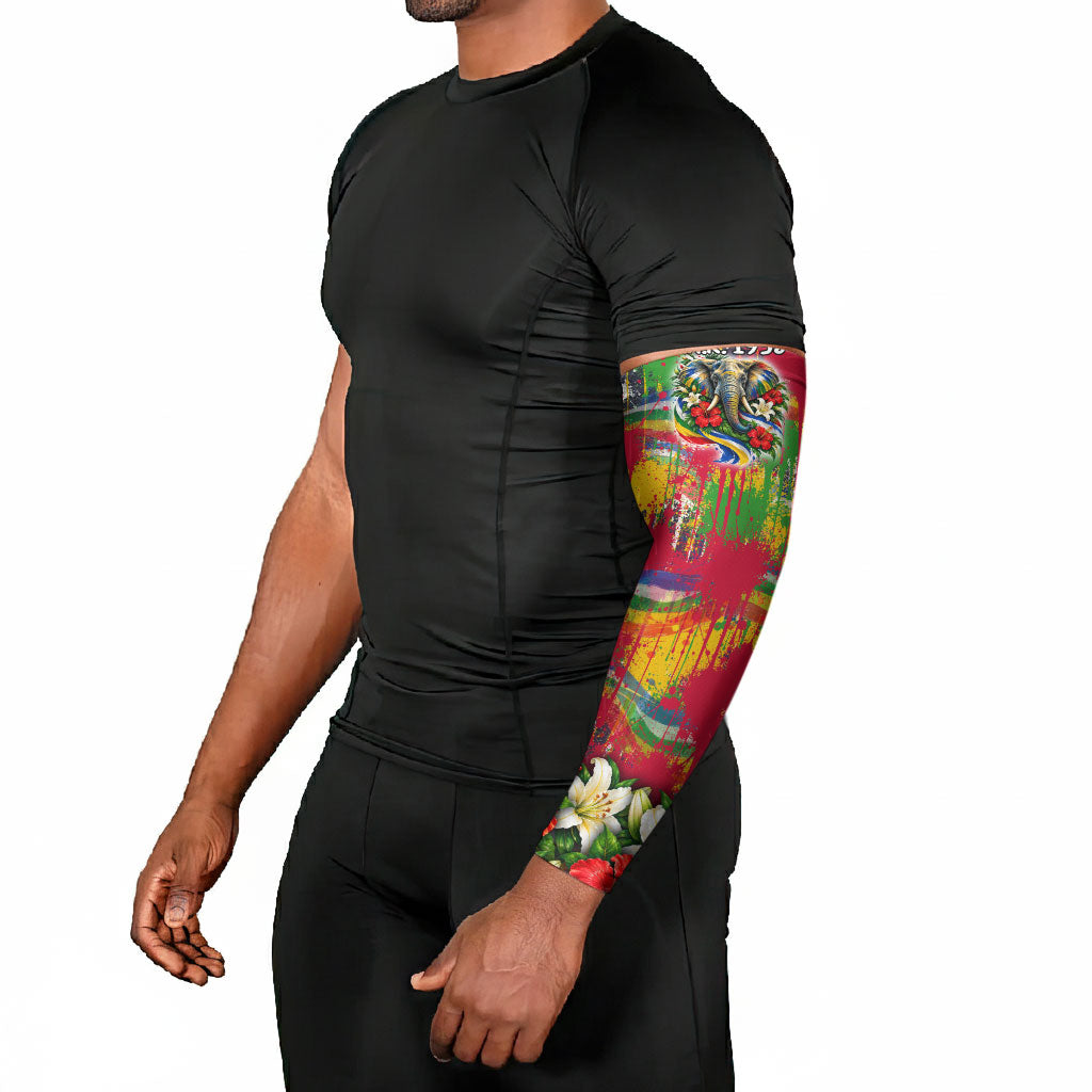 Central African Republic Day Arm Sleeves Elephant Colorful Paint Splatter Map Tropical Flowers