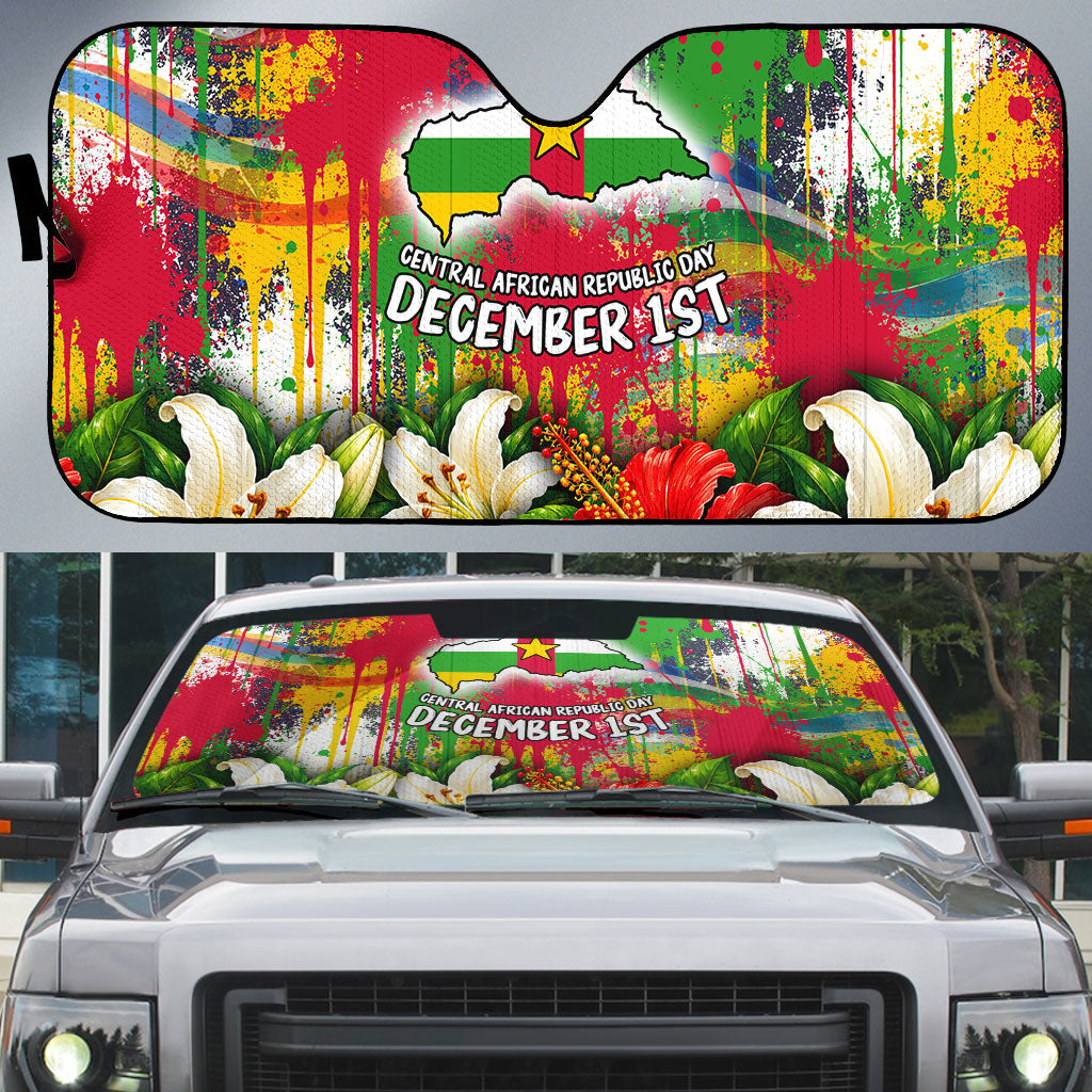 Central African Republic Day Auto Sun Shade Elephant Colorful Paint Splatter Map Tropical Flowers