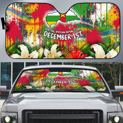Central African Republic Day Auto Sun Shade Elephant Colorful Paint Splatter Map Tropical Flowers