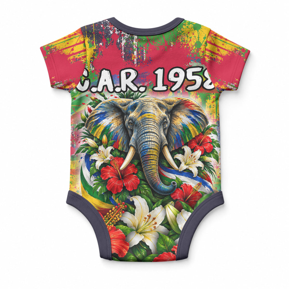 Central African Republic Day Baby Onesie Elephant Colorful Paint Splatter Map Tropical Flowers