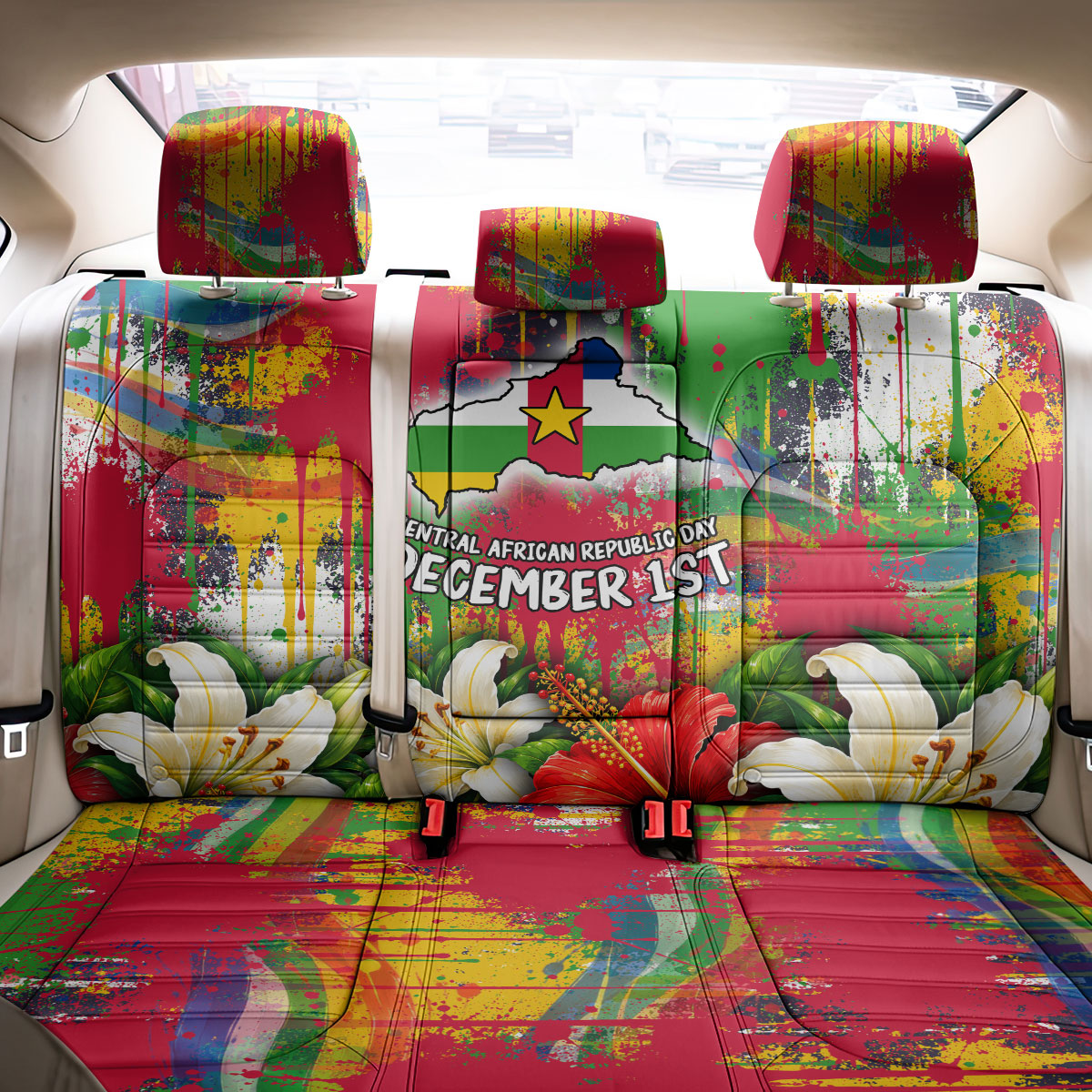 Central African Republic Day Back Car Seat Cover Elephant Colorful Paint Splatter Map Tropical Flowers
