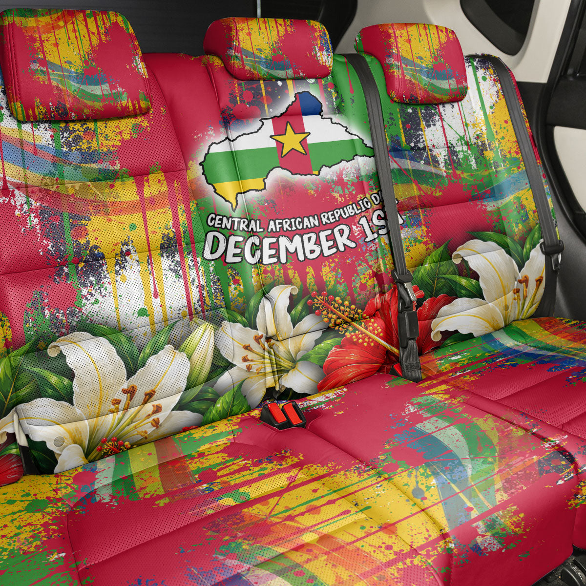 Central African Republic Day Back Car Seat Cover Elephant Colorful Paint Splatter Map Tropical Flowers