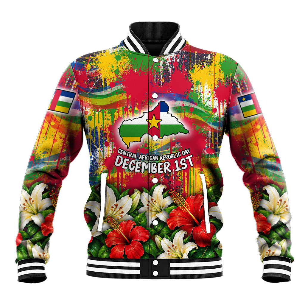 Central African Republic Day Baseball Jacket Elephant Colorful Paint Splatter Map Tropical Flowers