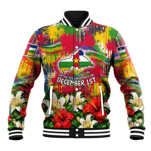 Central African Republic Day Baseball Jacket Elephant Colorful Paint Splatter Map Tropical Flowers