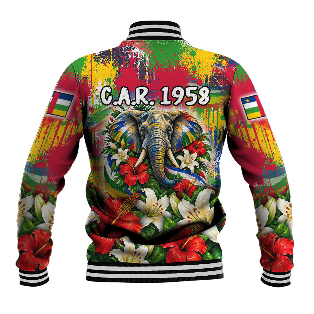 Central African Republic Day Baseball Jacket Elephant Colorful Paint Splatter Map Tropical Flowers