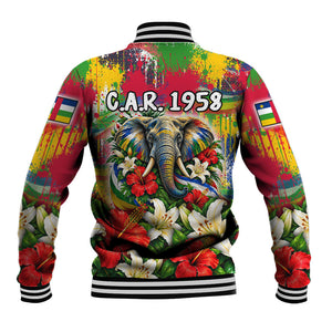 Central African Republic Day Baseball Jacket Elephant Colorful Paint Splatter Map Tropical Flowers