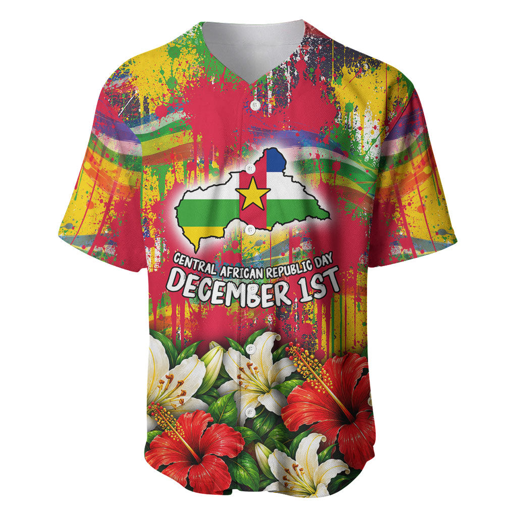 Central African Republic Day Baseball Jersey Elephant Colorful Paint Splatter Map Tropical Flowers