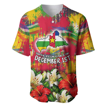 Central African Republic Day Baseball Jersey Elephant Colorful Paint Splatter Map Tropical Flowers