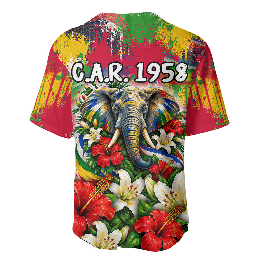 Central African Republic Day Baseball Jersey Elephant Colorful Paint Splatter Map Tropical Flowers