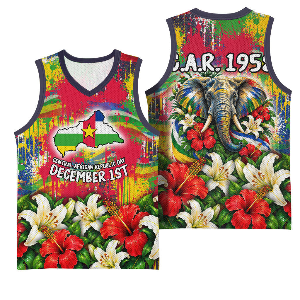 Central African Republic Day Basketball Jersey Elephant Colorful Paint Splatter Map Tropical Flowers