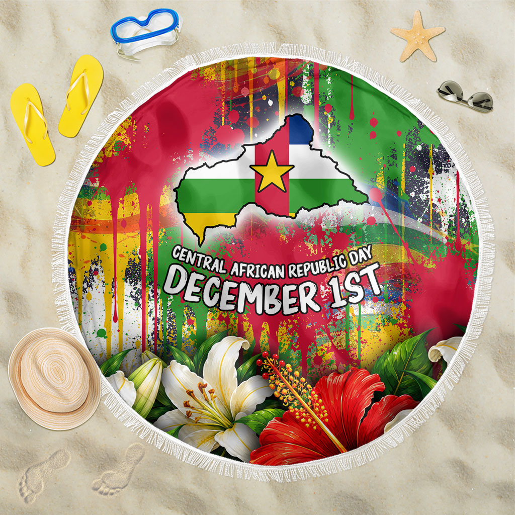 Central African Republic Day Beach Blanket Elephant Colorful Paint Splatter Map Tropical Flowers