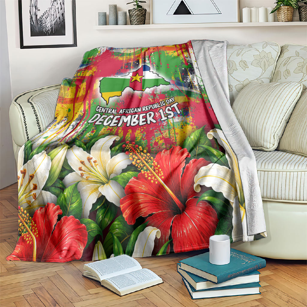 Central African Republic Day Blanket Elephant Colorful Paint Splatter Map Tropical Flowers