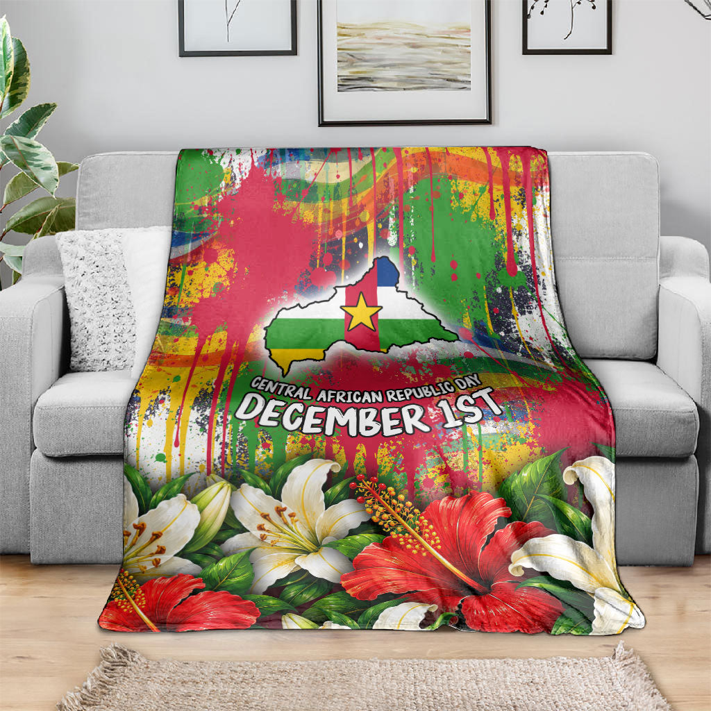 Central African Republic Day Blanket Elephant Colorful Paint Splatter Map Tropical Flowers
