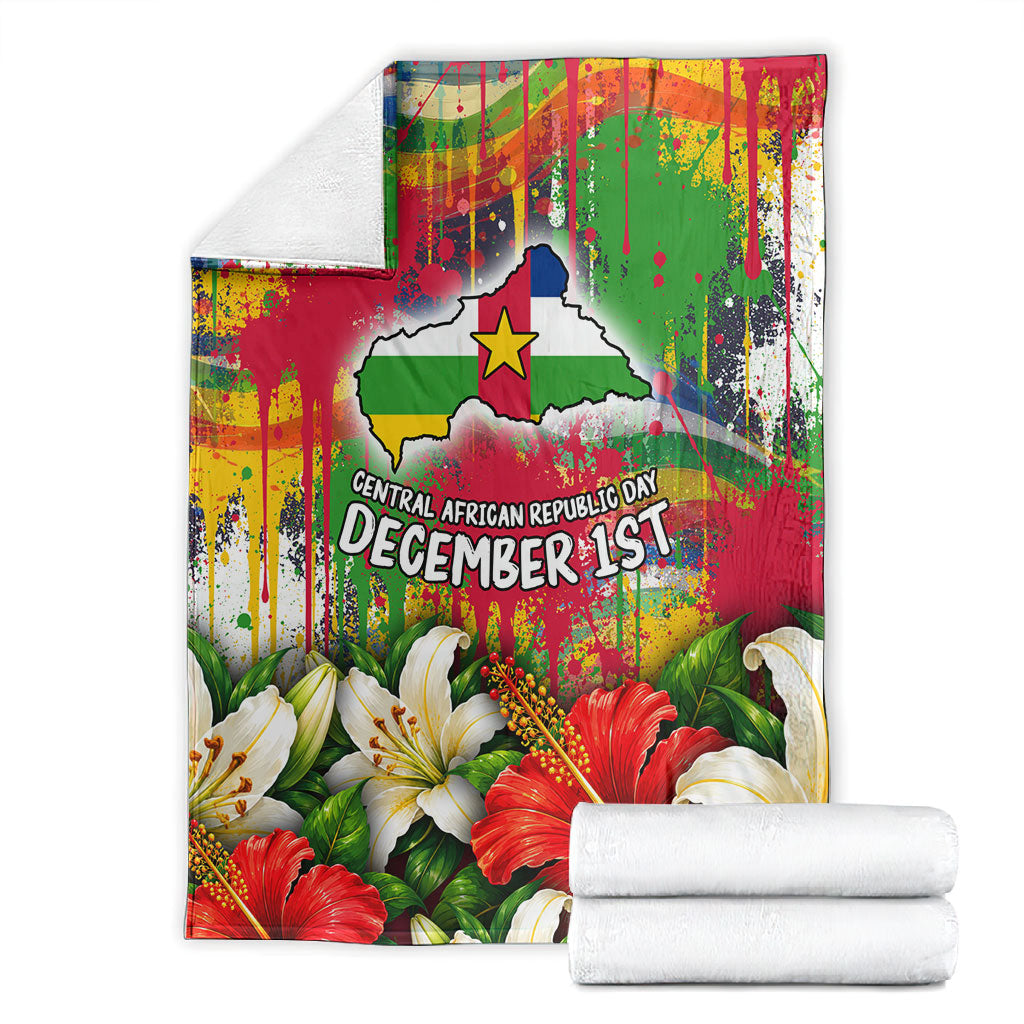 Central African Republic Day Blanket Elephant Colorful Paint Splatter Map Tropical Flowers