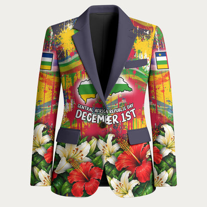 Central African Republic Day Blazer Elephant Colorful Paint Splatter Map Tropical Flowers