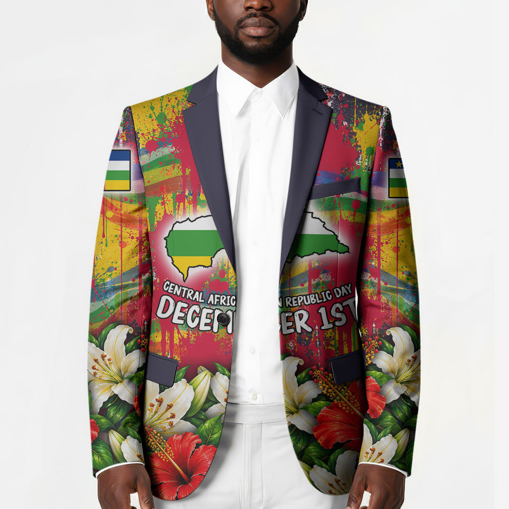 Central African Republic Day Blazer Elephant Colorful Paint Splatter Map Tropical Flowers
