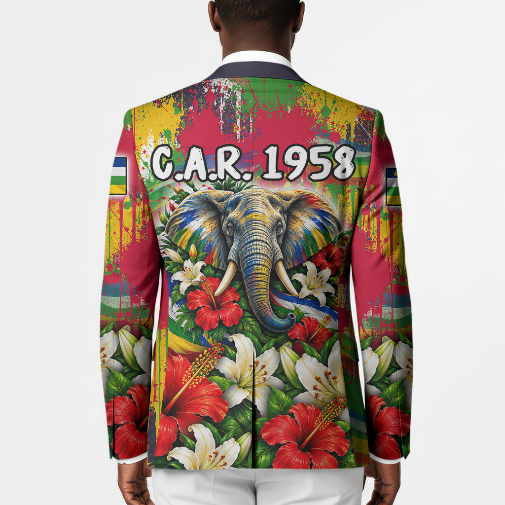 Central African Republic Day Blazer Elephant Colorful Paint Splatter Map Tropical Flowers