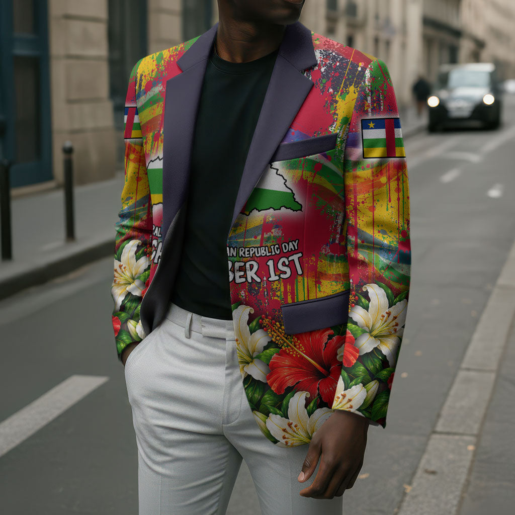 Central African Republic Day Blazer Elephant Colorful Paint Splatter Map Tropical Flowers