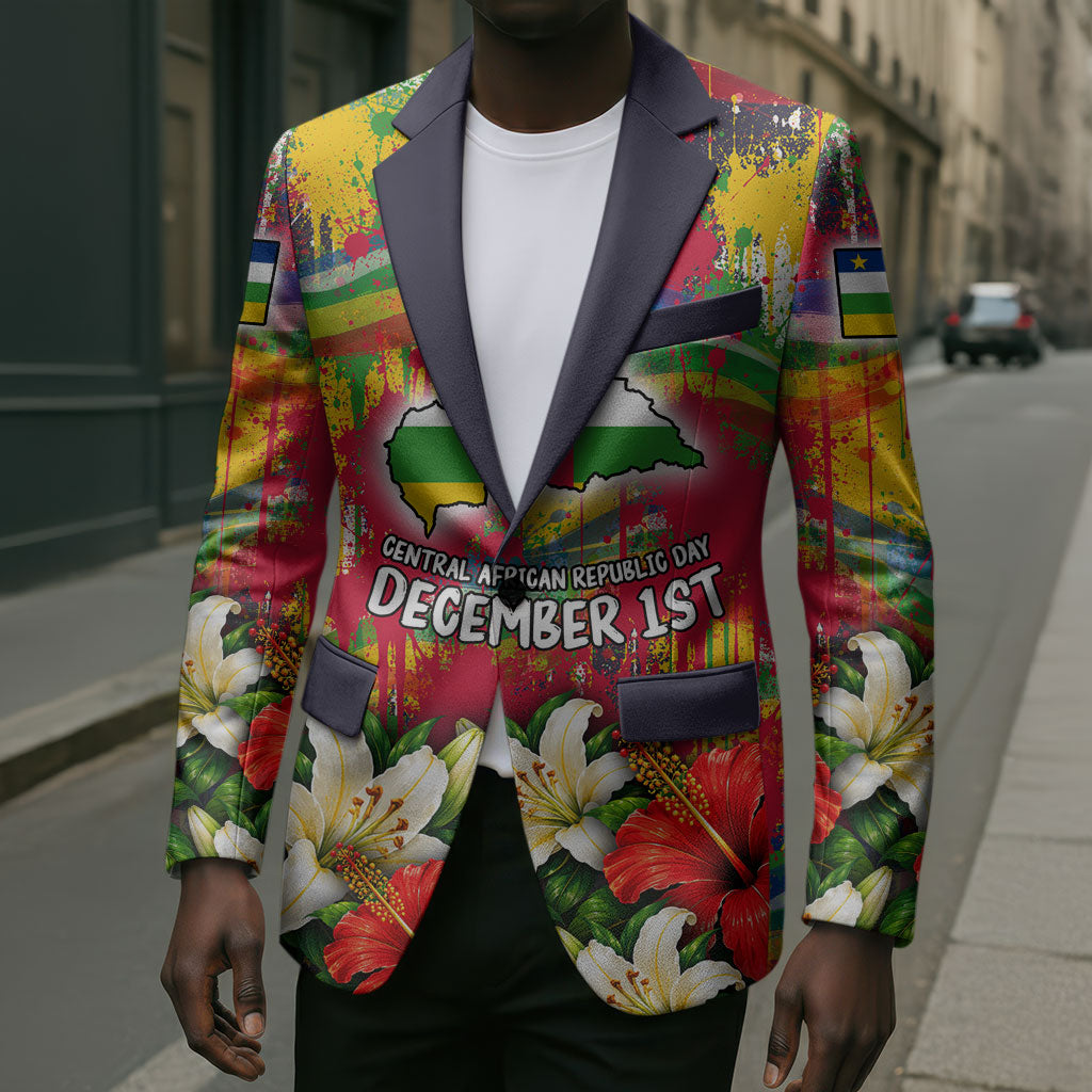 Central African Republic Day Blazer Elephant Colorful Paint Splatter Map Tropical Flowers