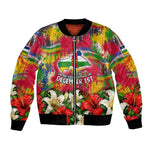 Central African Republic Day Bomber Jacket Elephant Colorful Paint Splatter Map Tropical Flowers