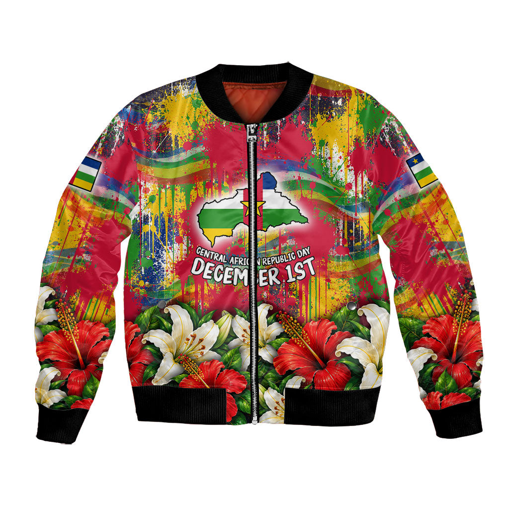 Central African Republic Day Bomber Jacket Elephant Colorful Paint Splatter Map Tropical Flowers