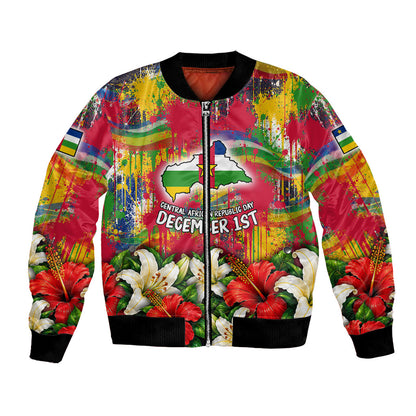 Central African Republic Day Bomber Jacket Elephant Colorful Paint Splatter Map Tropical Flowers