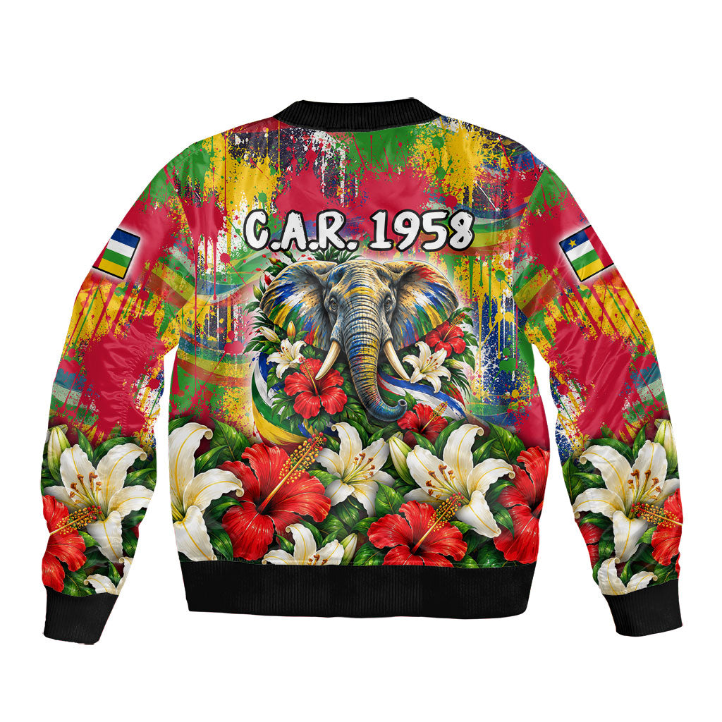Central African Republic Day Bomber Jacket Elephant Colorful Paint Splatter Map Tropical Flowers