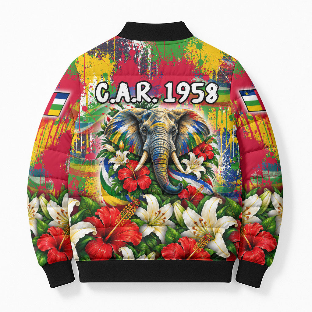 Central African Republic Day Bomber Puffer Jacket Elephant Colorful Paint Splatter Map Tropical Flowers