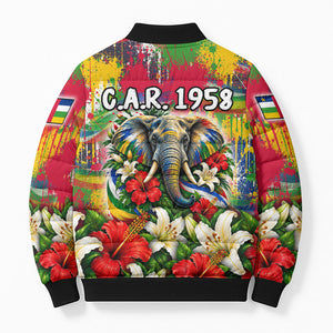 Central African Republic Day Bomber Puffer Jacket Elephant Colorful Paint Splatter Map Tropical Flowers