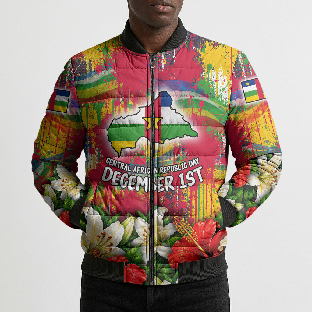 Central African Republic Day Bomber Puffer Jacket Elephant Colorful Paint Splatter Map Tropical Flowers