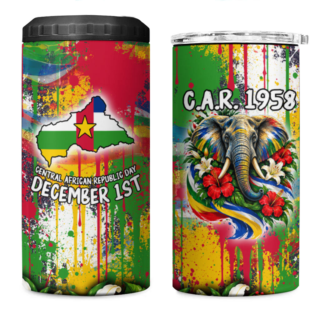 Central African Republic Day 4 in 1 Can Cooler Tumbler Elephant Colorful Paint Splatter Map Tropical Flowers